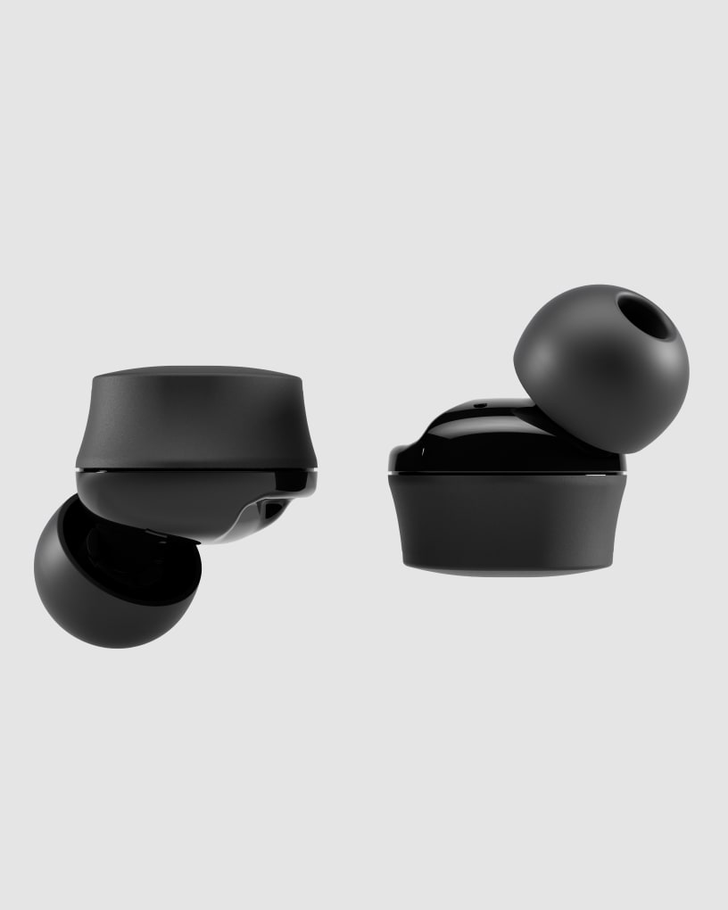 Photo of NuraBuds earbuds, side-on upwards and downwards