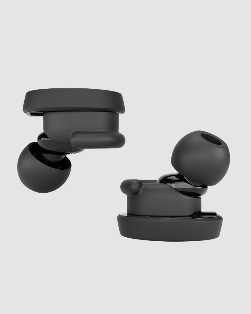 Photo of NuraTrue earbuds, side-on upwards and downwards