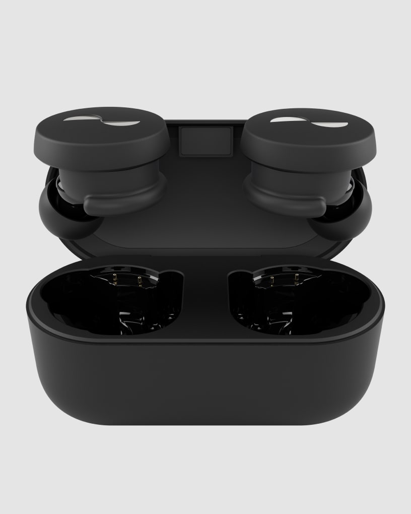 Photo of NuraTrue case, open, with earbuds positioned above
