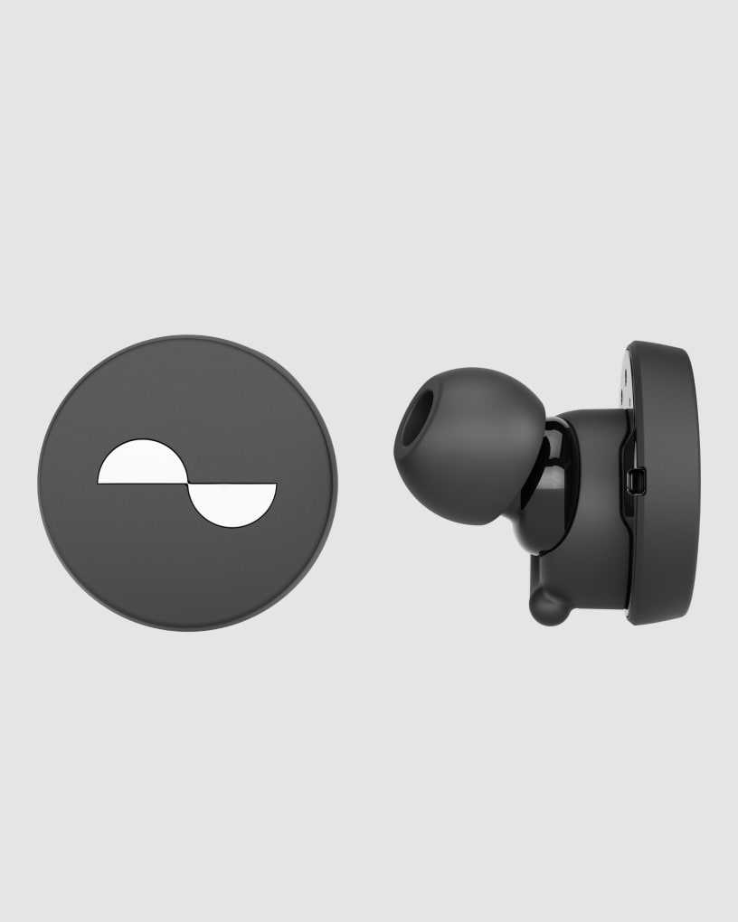 Photo of NuraTrue earbuds, front-on and side-on