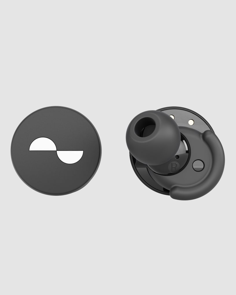 Photo of NuraTrue earbuds, front and back