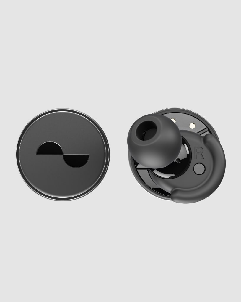 Photo of NuraTrue Pro earbuds, front and back