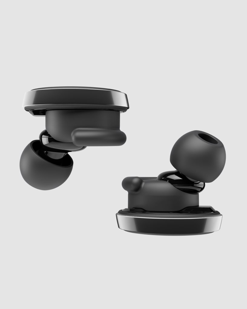 Photo of NuraTrue Pro earbuds, side-on upwards and downwards
