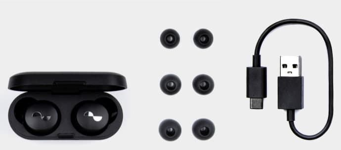 Photo of what's in the box, showing NuraBuds, charging case, 3 pairs multi-sized silicone ear tips and USB-A to USB-C charging cable